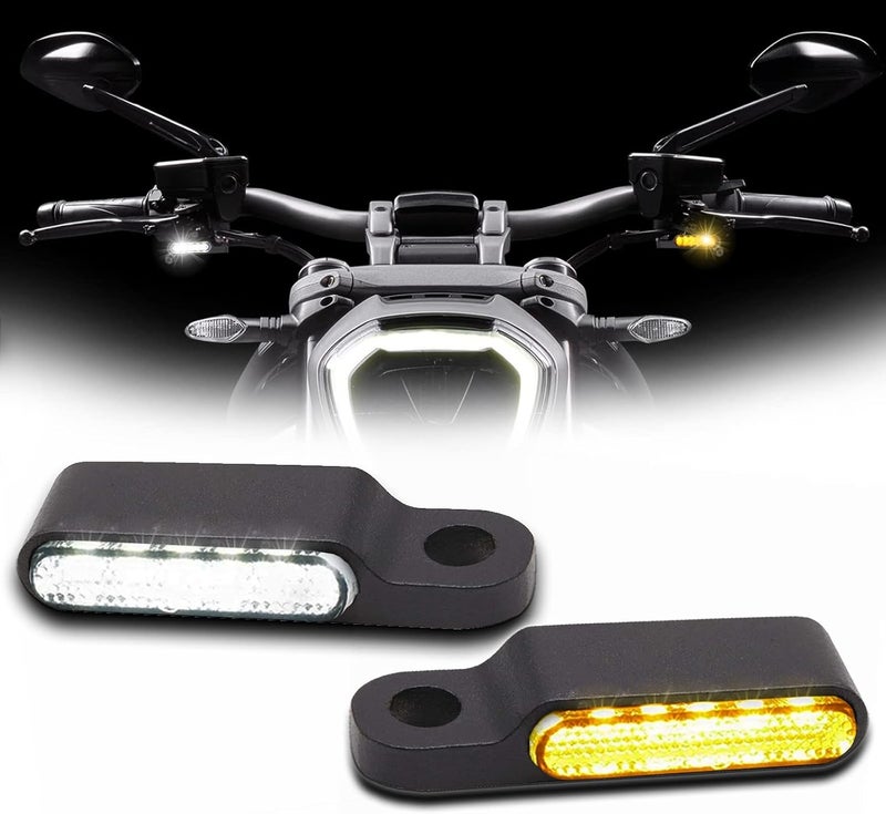 DREAMIZER Universal Motorcycle Handlebar LED Flowing Water Turn Signal Mini Blinkers Front Running light Compatible with Harley Honda Yamaha Kawasaki Cafe Racer Cruiser Street Bikes (Black) - Image 1